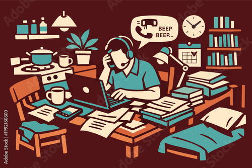 Remote worker experiencing burnout and stress while multitasking from a cluttered home office, struggling with work-life balance