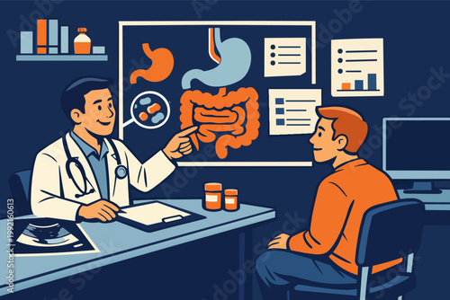 Doctor consulting with patient about gastroenterology, discussing healthy gut, diet, and treatment with infographics