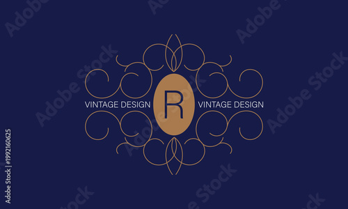 Vintage frame with letter R in the center. Floral logo for monograms, invitations, frames, menus and labels. Graphic design for websites, cafes, boutiques, hotels and wedding invitations.