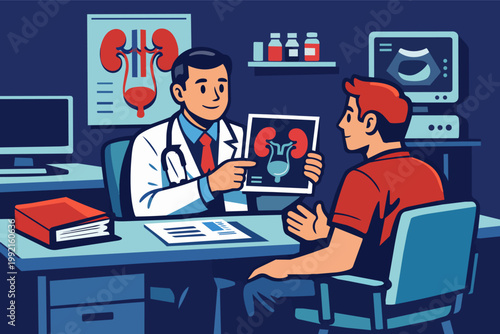 Urologist explaining kidney health to patient showing medical data and anatomy illustration during clinic consultation