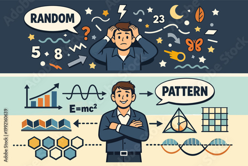 Man understanding random chaos creating order and finding pattern, problem solving with data analysis and insight