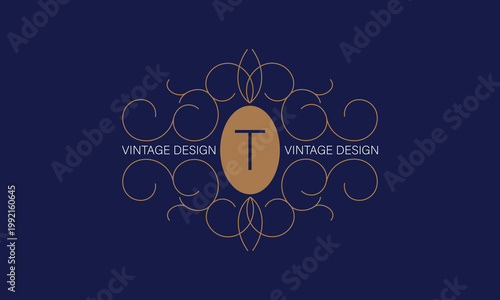 Vintage frame with letter T in the center. Floral logo for monograms, invitations, frames, menus and labels. Graphic design for websites, cafes, boutiques, hotels and wedding invitations.