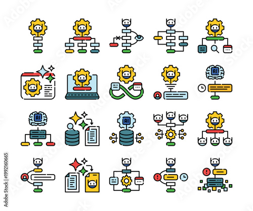 AI environment and data ecosystem icon. Artificial intelligence interacting with surrounding digital landscape and sensory information metaphor for machine learning. Vector spot illustration.