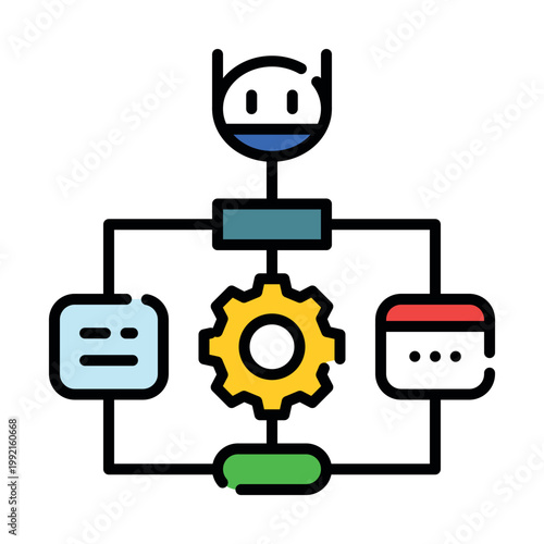 AI agentic workflow and iterative process icon. Artificial intelligence autonomous task execution, self-correction and reasoning steps metaphor. Vector line spot illustration.