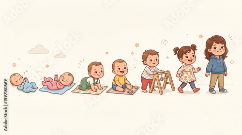 Developmental stages of human growth from baby to child with childhood development evolution education parenting milestones crawling learning progression timeline children maturation