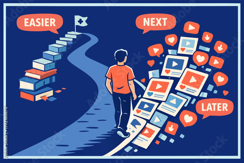 Young man choosing between a path of learning and social media content, symbolizing distraction and procrastination in digital age