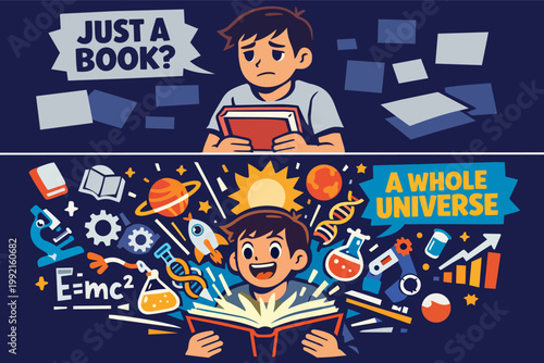 Child's mind expanding with scientific and cosmic elements from a book, transitioning from disinterest to excitement for learning