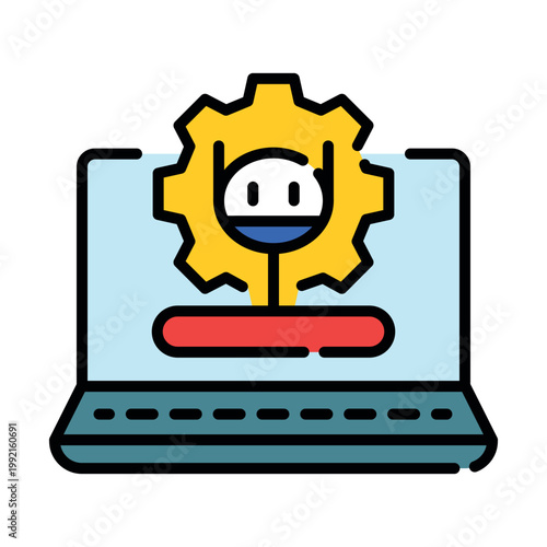 AI environment and data ecosystem icon. Artificial intelligence interacting with surrounding digital landscape and sensory information metaphor for machine learning. Vector spot illustration.