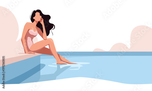   A girl sits on a bridge with her feet in the water