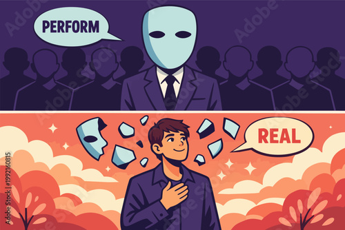 Masked individual performing in front of a crowd, then breaking free from the mask, revealing actual self feeling relief and authenticity