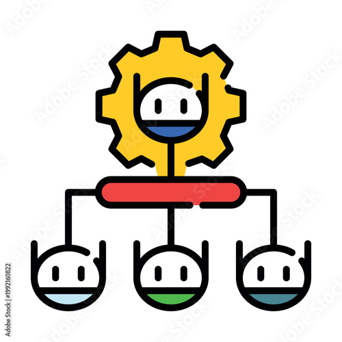 AI orchestrator and system coordination icon. Artificial intelligence managing multiple agents and automated workflow supervision metaphor. Vector line spot illustration.