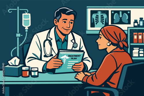 Doctor discussing treatment plan with female patient, offering hope and medical guidance during a consultation for cancer care