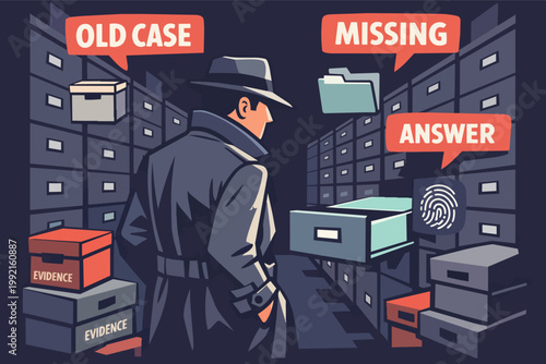 Detective searching for missing answers and evidence in an old cold case archive full of files and clues