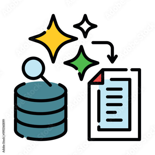 AI RAG Retrieval-Augmented Generation icon. Artificial intelligence searching external knowledge bases for accurate response metaphor. Vector line spot illustration.