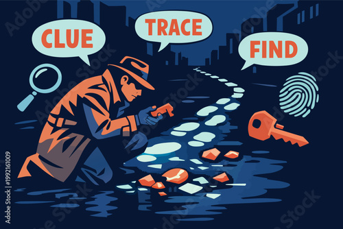 Detective searching for clues, a key and a fingerprint, following footprints at a crime scene investigation