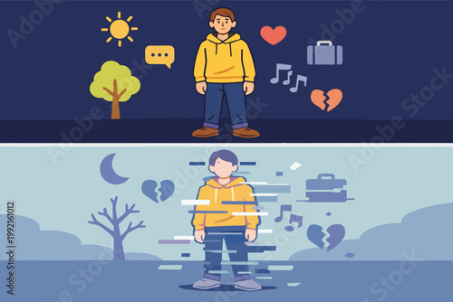 Person experiencing memory loss and cognitive decline, important life memories fading away due to dementia or alzheimer's