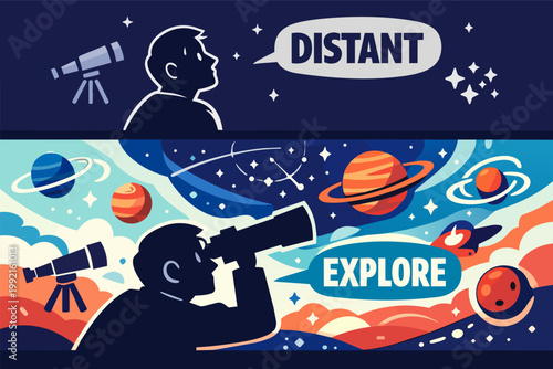 Person exploring universe with telescope, discovering distant planets and stars, symbolizing space vision and astronomy research