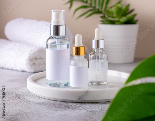 Skincare Serum and Tonic Bottles on Marble Tray in Spa Setting
