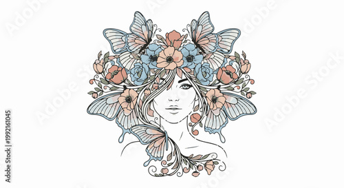 A stylized portrait of a woman adorned with flowers and butterflies