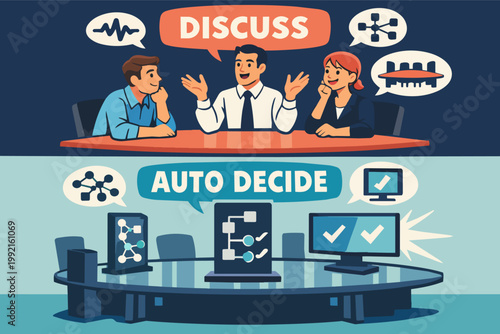 Human discussion versus auto decide process in artificial intelligence and automation concept