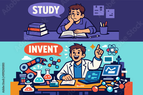 Student finding inspiration for new inventions after studying, moving from boredom to creative science and innovation
