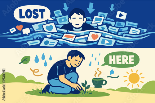 Person feeling overwhelmed by social media content, then finding peace and mindfulness connecting with nature offline