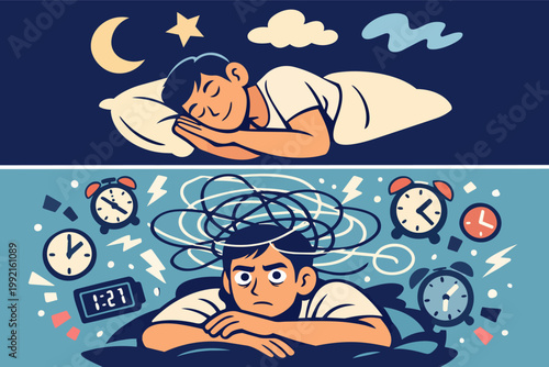 Healthy sleep and insomnia contrast, person sleeping peacefully and struggling to fall asleep due to anxiety and stress at night
