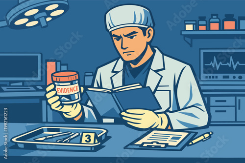 Forensic scientist analyzing evidence in a laboratory, working on a case with collected samples and tools