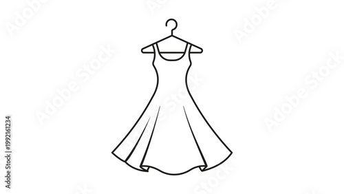 Obraz na płótnie Minimalist black line vector icon of a flowing A-line dress on a hanger, editable stroke illustration for fashion, retail, and clothing design, clean outline isolated on white background
