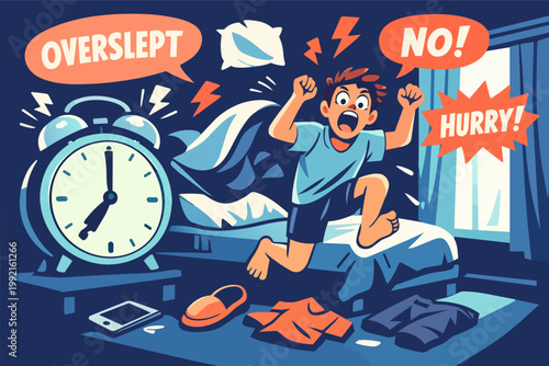 Young boy waking up in a panic after oversleeping, missed alarm clock causing morning rush and stress
