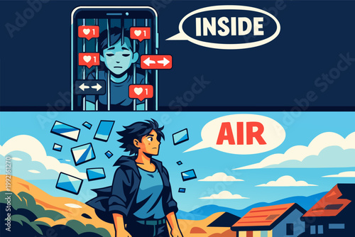 Young person trapped inside phone, breaking free from social media addiction, seeking digital detox outdoors for mental health