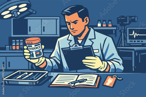Forensic scientist analyzing evidence in a laboratory, documenting findings for criminal investigation or medical pathology