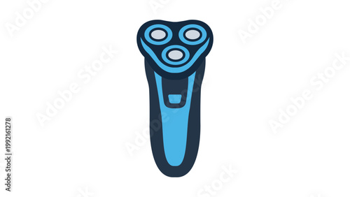 Modern flat vector icon illustration of a blue rotary electric shaver for men's grooming and personal care, isolated on a white background. Scalable handheld shaving tool for hygiene and style.