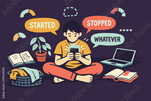 Young person procrastinating, getting easily distracted by smartphone, ignoring tasks and responsibilities while feeling overwhelmed