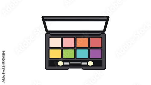 Eyeshadow Palette Flat Vector Icon with Editable Stroke. Colorful makeup kit illustration featuring eight vibrant shades and an applicator brush, perfect for beauty, fashion, and cosmetic design.
