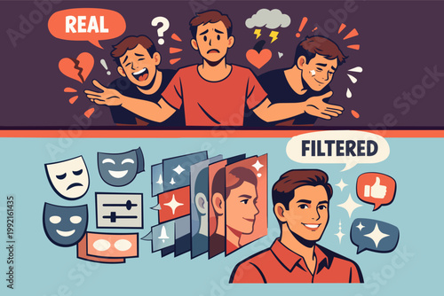 Person showing real emotions versus filtered online profile representing authenticity and social media identity issues