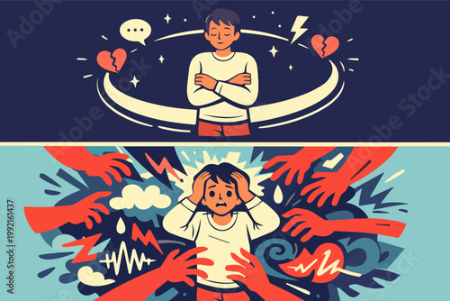 Man finding inner peace and protecting emotional boundaries from external stress and mental chaos