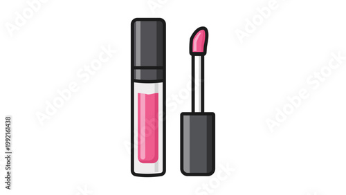 Lip Gloss Vector Icon Illustration with Editable Stroke. Modern flat design of a slim pink lip gloss tube and applicator wand on a white background. Scalable graphic for beauty and makeup branding.