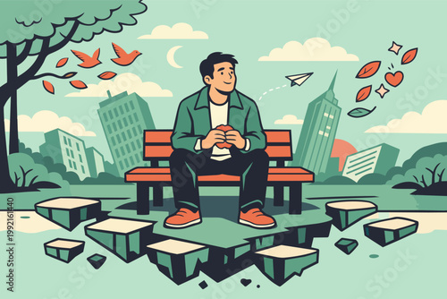 Man finding peace and freedom in floating parkscape, envisioning positive change and new opportunities