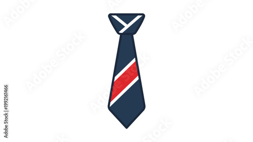 Modern flat necktie vector icon illustration with editable stroke. Professional long hanging necktie with red and white diagonal stripes on dark blue, isolated on white for business design.