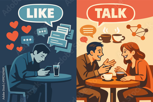 Comparing social media virtual connection lacking emotion with real life direct communication over coffee