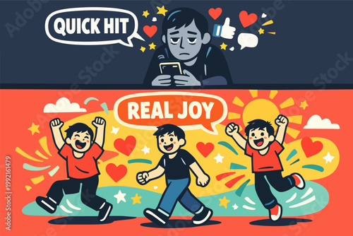 Social media contrasted with genuine happiness, a person experiencing quick hits of dopamine versus real joy and wellness