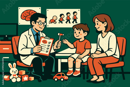 Pediatrician doctor checking child's neurological development with reflex hammer, parent watching at a medical appointment
