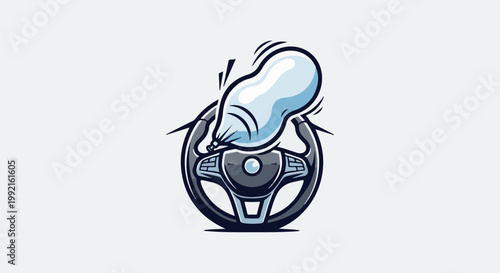 A stylized graphic depicts a car steering wheel with a bursting water balloon