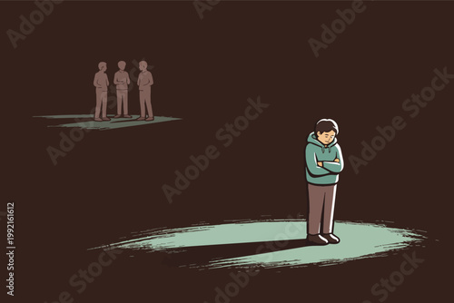 Young boy experiencing loneliness and social exclusion, standing apart from a group of peers in separate spotlights