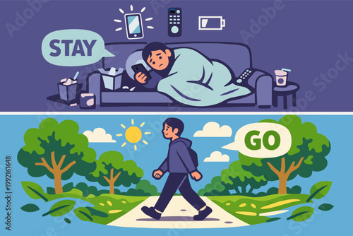 Person choosing between staying on sofa with phone addiction or going for a walk for improved mental health