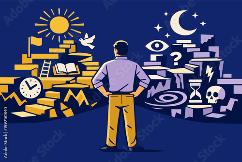 Person facing a complex decision, standing between a bright path of success and a dark path of unknowns, symbolizing life choices