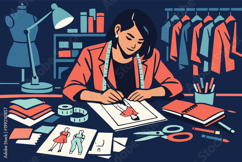 Fashion designer sketching new clothing collection designs in an atelier studio with creative tools