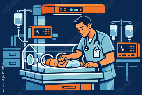 Doctor checking newborn baby in nicu incubator, providing critical neonatal care and pediatric support in hospital setting