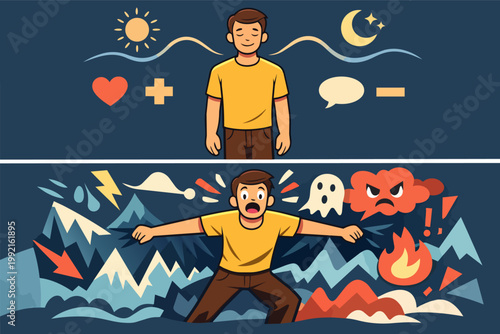 Person experiencing tranquility versus chaotic emotions, illustrating mental health, mood swings, and emotional well-being